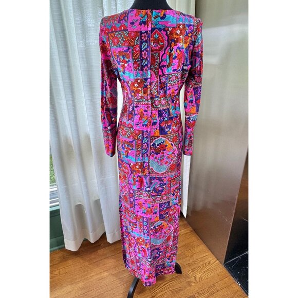 Vintage 70s dress, magenta, fuchsia, turquoise, orange, red novelty print, funky - Picture 7 of 10